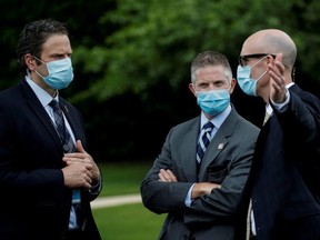 U.S. Secret Service agents gather for COVID-19 tests prior to President Donald Trump's departure for travel to the Kennedy Space Center in Florida from the South Lawn at the White House in Washington, D.C., May 27, 2020.