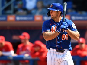 New York Mets outfielder Tim Tebow stands at the plate against the St. Louis Cardinals at Clover Park