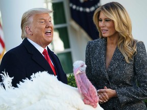 President Donald Trump speaks after pardoning Thanksgiving turkey "Corn" as First Lady Melania Trump watches in the Rose Garden of the White House in Washington on November 24, 2020.