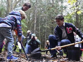 Justin Trudeau plants a tree with sons Xavier and Hadrien (left) during a campaign event in Plainfield, Ont., Oct. 6, 2019. Trudeau's massive tree-planting promise from the 2019 election has yet to be allocated a budget.