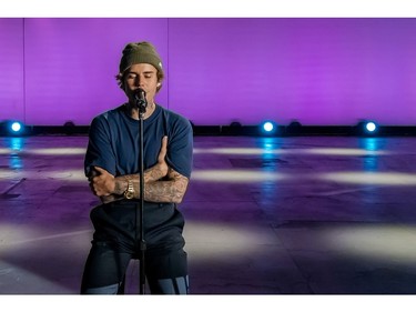 Justin Bieber performs "10,000 Hours" from the Hollywood Bowl at the 54th annual Country Music Association Awards in Los Angeles, Calif., U.S., Nov. 11, 2020.