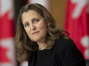 Deputy Prime Minister and Minister of Finance Chrystia Freeland is seen during a news conference in Ottawa on October 20, 2020.