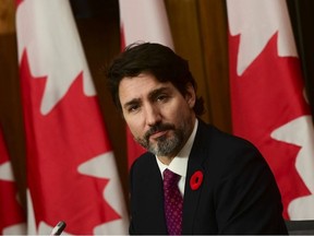 Prime Minister Justin Trudeau speaks during a press conference in Ottawa on Monday, Nov. 9, 2020.