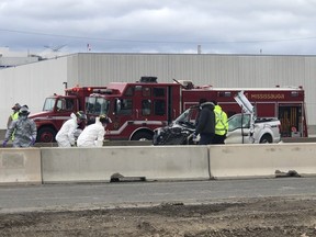 Two people were killed and a third critically injured in a multi-vehicle crash on Hwy. 401 near Winston Churchill Blvd. in Mississauga on Saturday, Nov. 21, 2020.