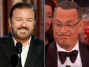 Ricky Gervais, left, called Tom Hanks "privileged" for his memeable reaction to his Golden Globes speech.