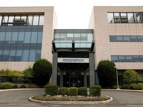 The Regeneron Pharmaceuticals company logo is seen on a building at the company's Westchester campus in Tarrytown, New York, U.S. September 17, 2020.