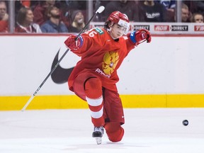 Russia's Alexander Romanov celebrates his goal against Denmark during World Junior Hockey Championship in Vancouver on Dec. 27, 2018.