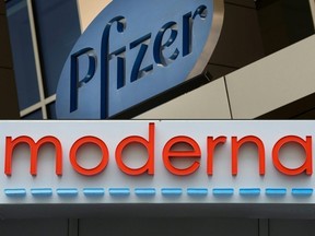 This combination of pictures created on Wednesday, Aug. 5, 2020, shows a sign for Pfizer pharmaceutical company on a building in Cambridge, Mass., on March 18, 2017 and the Moderna headquarters in Cambridge, Mass., on May 18, 2020.