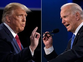 This combination of file pictures created on Oct. 22, 2020 shows U.S. President Donald Trump (left) and Democratic Presidential candidate and former U.S. Vice President Joe Biden during the final presidential debate at Belmont University in Nashville.