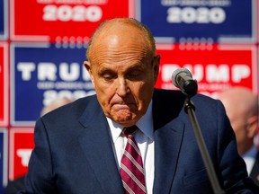 Former New York City Mayor Rudy Giuliani, personal attorney to U.S. President Donald Trump, speaks after media announced that Democratic U.S. presidential nominee Joe Biden has won the 2020 U.S. presidential election, in, Philadelphia, Pennsylvania, U.S., November 7, 2020.