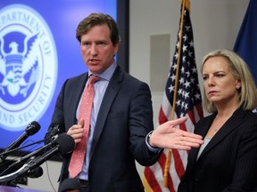 U.S. Secretary of Homeland Security Kirstjen Nielsen and Under Secretary Chris Krebs speak to reporters at the DHS Election Operations Center and National Cybersecurity and Communications Integration Center (NCCIC) in Arlington, Virginia, U.S. November 6, 2018.