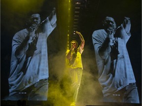 Singer/rapper Post Malone performs in concert at the Bell Centre in Montreal, Feb. 16, 2020.