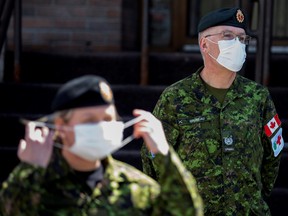 Canadian Armed Forces (CAF) medical personnel are seen at Centre d'hebergement Yvon-Brunet, a seniors' long-term care centre, as they arrive to assess and ease the ongoing situation in long-term care facilities in Quebec amid the COVID-19 outbreak in Montreal, April 18, 2020.