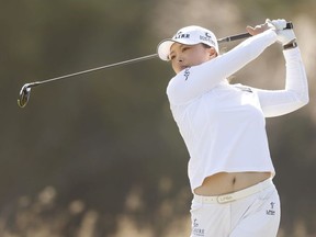 Jin Young Ko of Korea plays her shot from the third tee during the final round of the CME Group Tour Championship at Tiburon Golf Club on December 20, 2020 in Naples, Florida.
