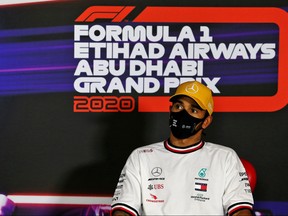 Mercedes' Lewis Hamilton in the post qualifying FIA Press Conference at the Abu Dhabi Grand Prix in Abu Dhabi, United Arab Emirates, Dec. 12, 2020.