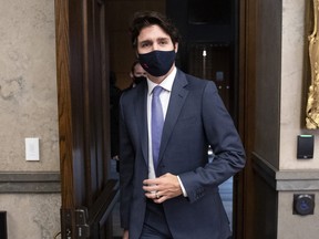 Prime Minister Justin Trudeau leaves the House of Commons on Parliament Hill in Ottawa, on Monday, Nov. 30, 2020.