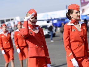 In this June 16, 2015 file photo, cabin crew of the Russian airline Aeroflot are pictured at the International Paris Airshow at Le Bourget, France.