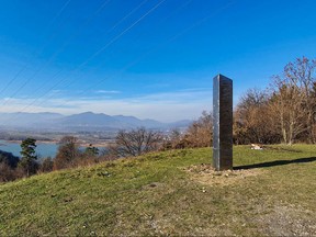 An handout picture taken in November 2020 and released by ziarpiatraneamt.ro on Dec. 1, 2020 shows a metal pillar on Batca Doamnei hill in Piatra Neamt, Romania.