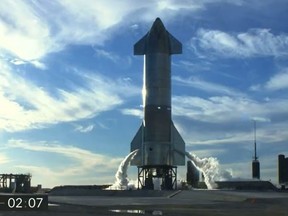 This NASA video frame grab image shows SpaceX full-size Starship SN8 rocket prototype before its launch on Dec. 8, 2020 in Boca Chica, Fla.