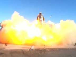 This SpaceX video frame grab image shows SpaceX's Starship SN8 rocket prototype crashing on landing at the company's Boca Chica, Texas facility during an attempted high-altitude launch test on Dec. 9, 2020.