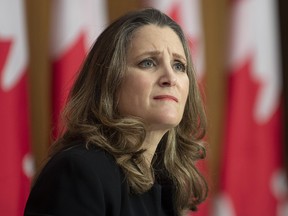 Federal Finance Minister Chrystia Freeland, who doubles as deputy prime minister, appears at a news conference in November.