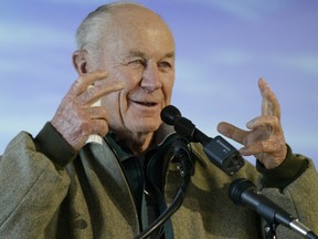 General Chuck Yeager, the first person to break the sound barrier, speaks to a crowd on Dec. 16, 2003 during the weeklong First Flight Centennial Celebration at the Wright Brothers National Memorial in Kill Devil Hills, N.C.