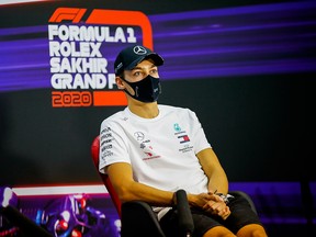 George Russell of Mercedes GP talks in the Drivers Press Conference during previews ahead of the F1 Grand Prix of Sakhir at Bahrain International Circuit on December 3, 2020 in Bahrain.