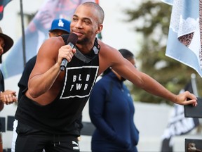 Kendrick Sampson speaks during the BLD PWR and Black Lives Matter Los Angeles final march to the polls on October 28, 2020 in Los Angeles, California.