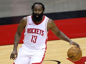 James Harden of the Houston Rockets controls the ball during a game against the San Antonio Spurs at the Toyota Center on December 17, 2020 in Houston.