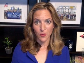 Michigan Secretary of State Jocelyn Benson speaks by video feed during the 2020 Democratic National Convention, Aug. 20, 2020.