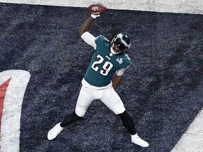 Eagles running back LeGarrette Blount celebrates after a touchdown against the Patriots in Super Bowl LII at U.S. Bank Stadium in Minneapolis, Feb. 4, 2018.