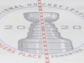 The general view of the centre ice logo before Game 2 of the second round of the 2020 Stanley Cup Playoffs between the Stars and Avalanche at Rogers Place in Edmonton, Aug. 24, 2020.