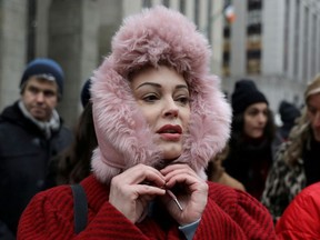 Rose McGowan arrives to speak to reporters outside New York Criminal Court on the first day of film producer Harvey Weinstein's sexual assault trial in the Manhattan borough of New York City, New York, U.S., January 6, 2020.