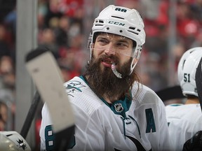 Brent Burns of the San Jose Sharks takes a break during the game against the New Jersey Devils at the Prudential Center on February 20, 2020 in Newark, New Jersey