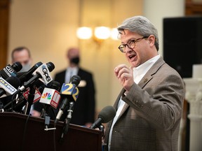 Gabriel Sterling answers questions during a press conference on the status of ballot counting on November 6, 2020 in Atlanta, Georgia.