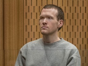 In this August 24, 2020 file photo, Brenton Tarrant, the gunman who shot and killed worshippers in the Christchurch mosque attacks, is seen during his sentencing at the High Court in Christchurch, New Zealand.