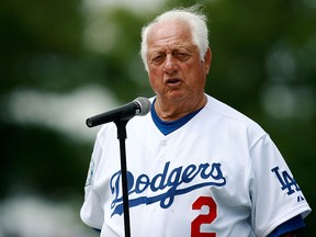 Manager Tommy Lasorda of the Los Angeles Dodgers talks to the crowd on March 17, 2008 in Vero Beach, Florida.