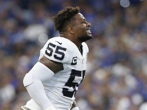 Free agent NFL player Vontaze Burfict, seen here with the Raiders following his ejection from a game against the Colts in September 2019, was arrested on a misdemeanour battery charge in Nevada, according to a report Saturday, Dec. 5, 2020.
