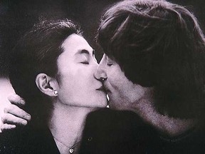 John Lennon and Yoko Ono kiss on the cover of Double Fantasy, Lennon's last album.