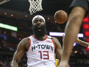 Houston Rockets guard James Harden  reacts after a play during the first quarter against the Los Angeles Lakers at Toyota Center.