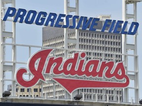 The Indians logo is seen at Progressive Field during summer workouts in Cleveland, July 7, 2020.