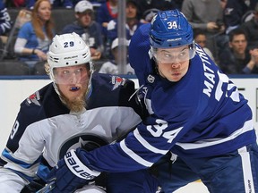 Patrik Laine of the Winnipeg Jets and against Auston Matthews of the Toronto Maple Leafs.