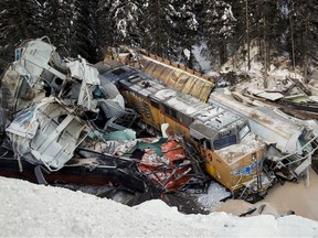 A train derailment is shown near Field, B.C., Monday, Feb. 4, 2019.