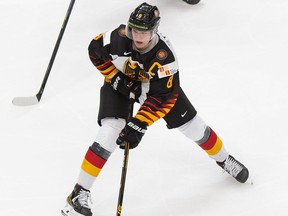 Tim Stuetzle #8 of Germany during the 2021 IIHF World Junior Championship at Rogers Place on December 26, 2020 in Edmonton, Canada.