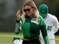Paulina Gretzky, fiancée of Dustin Johnson of the United States (not pictured), reacts on the 18th green after Johnson won the Masters at Augusta National Golf Club on November 15, 2020 in Augusta, Georgia.