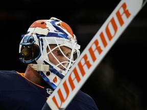 Edmonton Oilers goalie Mikko Koskinen (19) prepares to face the Vancouver Canucks in Edmonton on Thursday, Jan. 14, 2021.