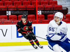 Tim Stuetzle of the Ottawa Senators scored his first career goal against the Toronto Maple Leafs at the Canadian Tire Centre on Saturday, January 16, 2021.