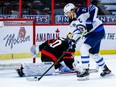 Jets right-winger Blake Wheeler fakes Senators netminder Matt Murray to the ice before scoring a goal in the second period of Tuesday's game.