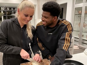 Lindsey Vonn and P.K. Subban cooking together.