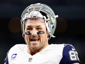 Jason Witten of the Dallas Cowboys smiles during warm-ups before the football game against the Washington Redskins at AT&T Stadium on November 30, 2017 in Arlington, Texas.